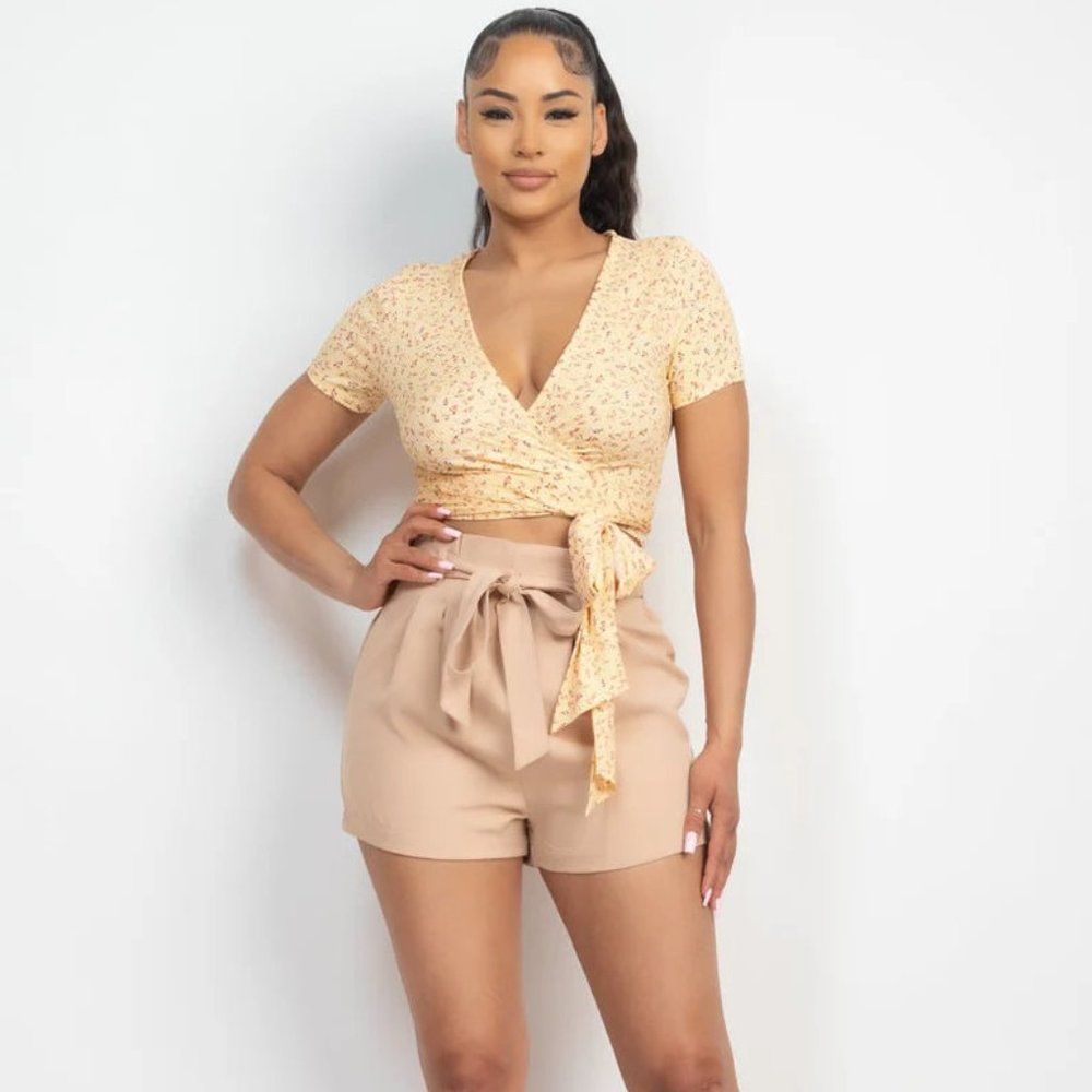 Waist Tie Wrap Plunging Neck Top - Crop top - Tie-waist top - top